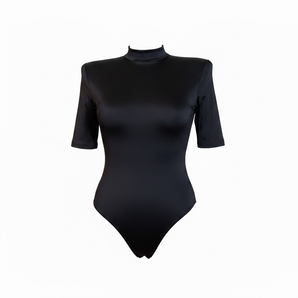 Body Donna Nero a Collo Alto con Manica Corta Elegante