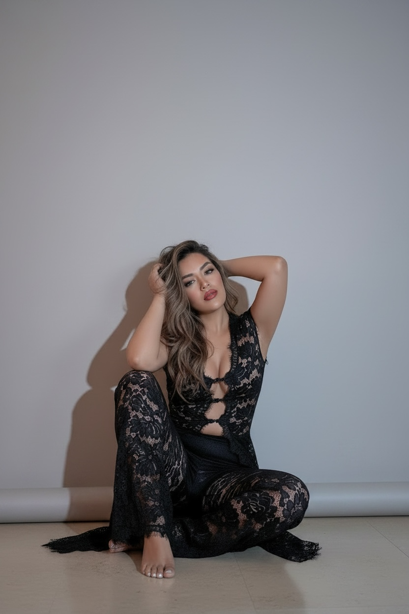 Tuta Luxury in Pizzo Nero Trasparente – Eleganza Editoriale Glamour