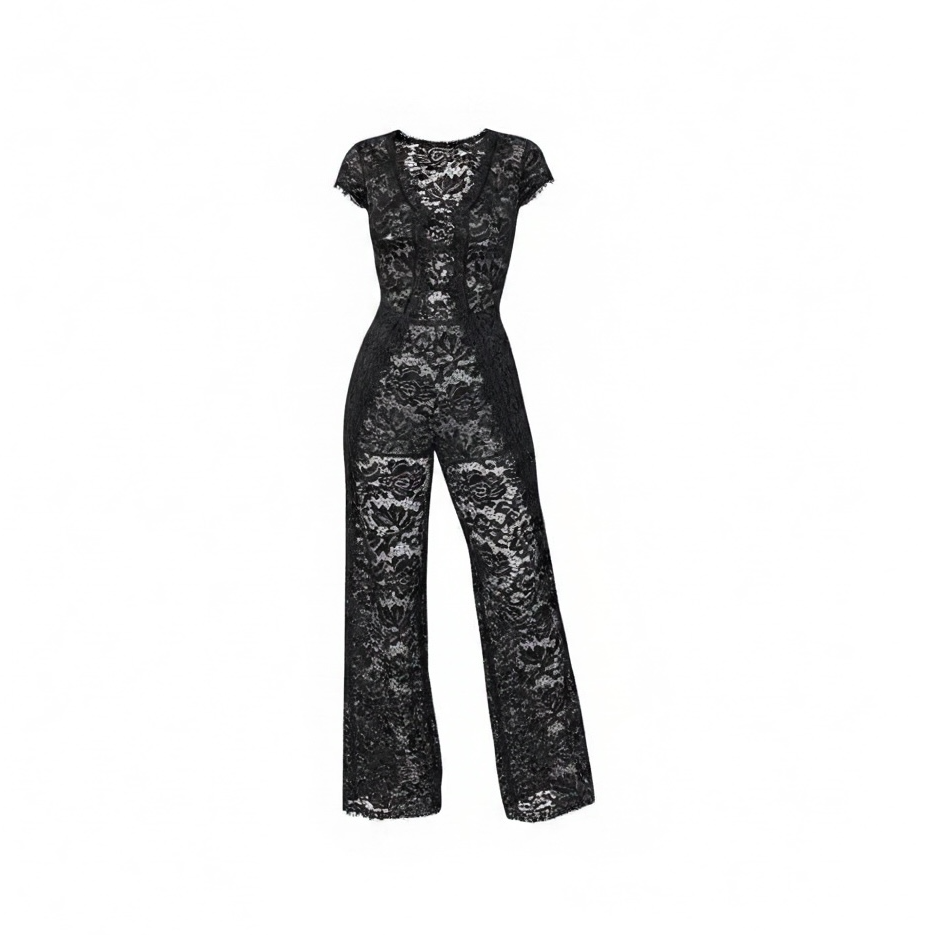Tuta Luxury in Pizzo Nero Trasparente – Eleganza Editoriale Glamour