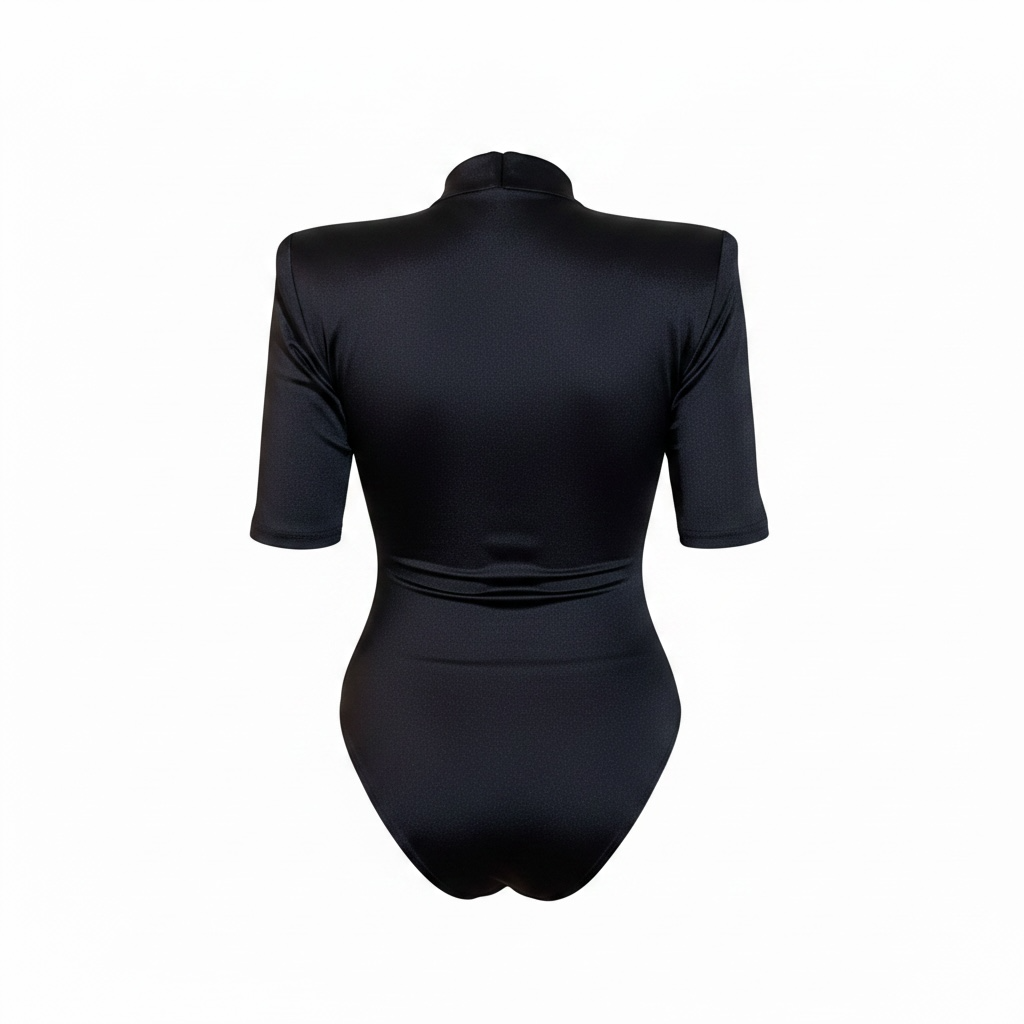 Body Donna Nero a Collo Alto con Manica Corta Elegante