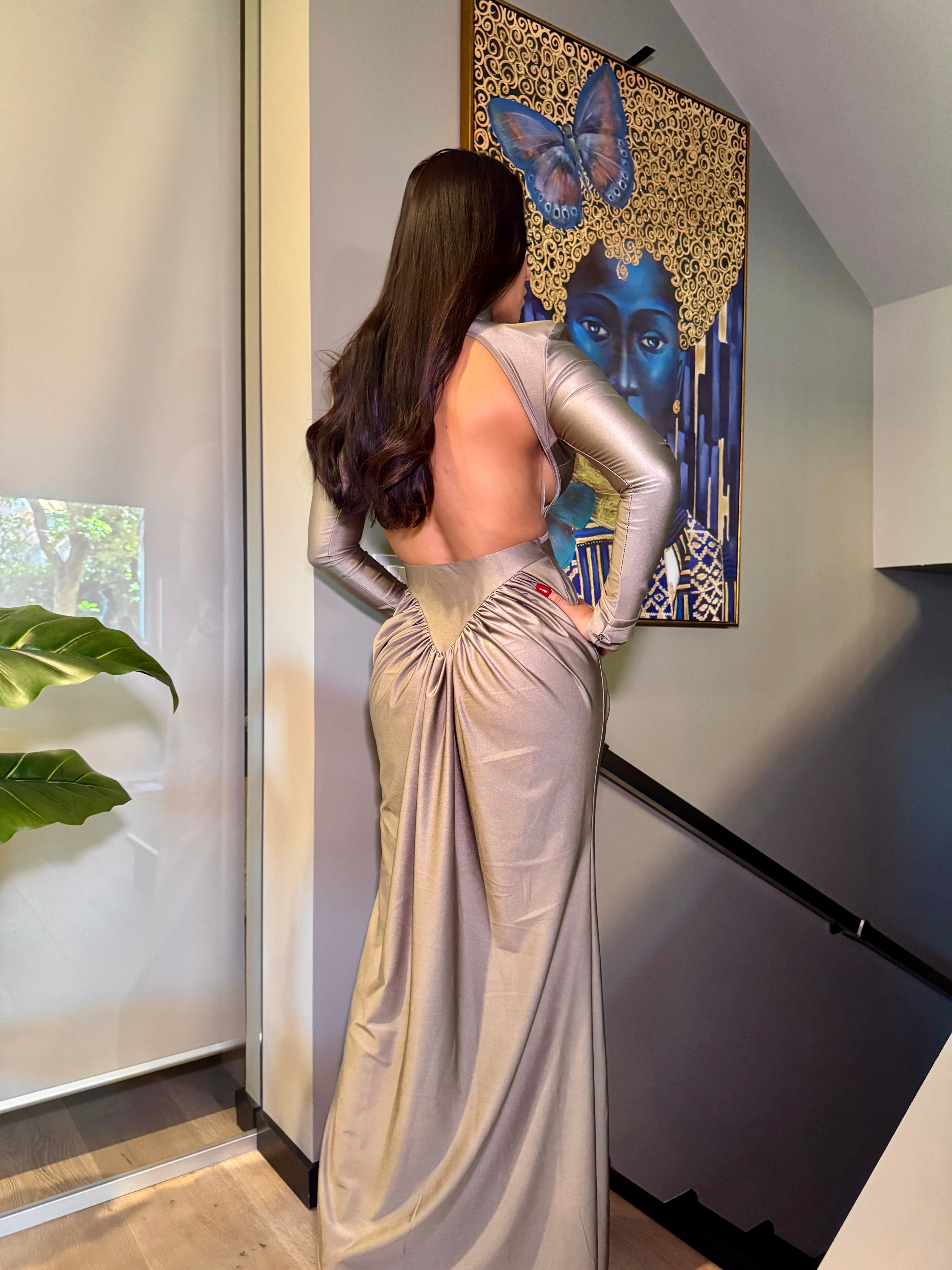 Elegante abito da donna lungo, con pieghe, in raso, linea ad A, schiena scoperta, abito da sera