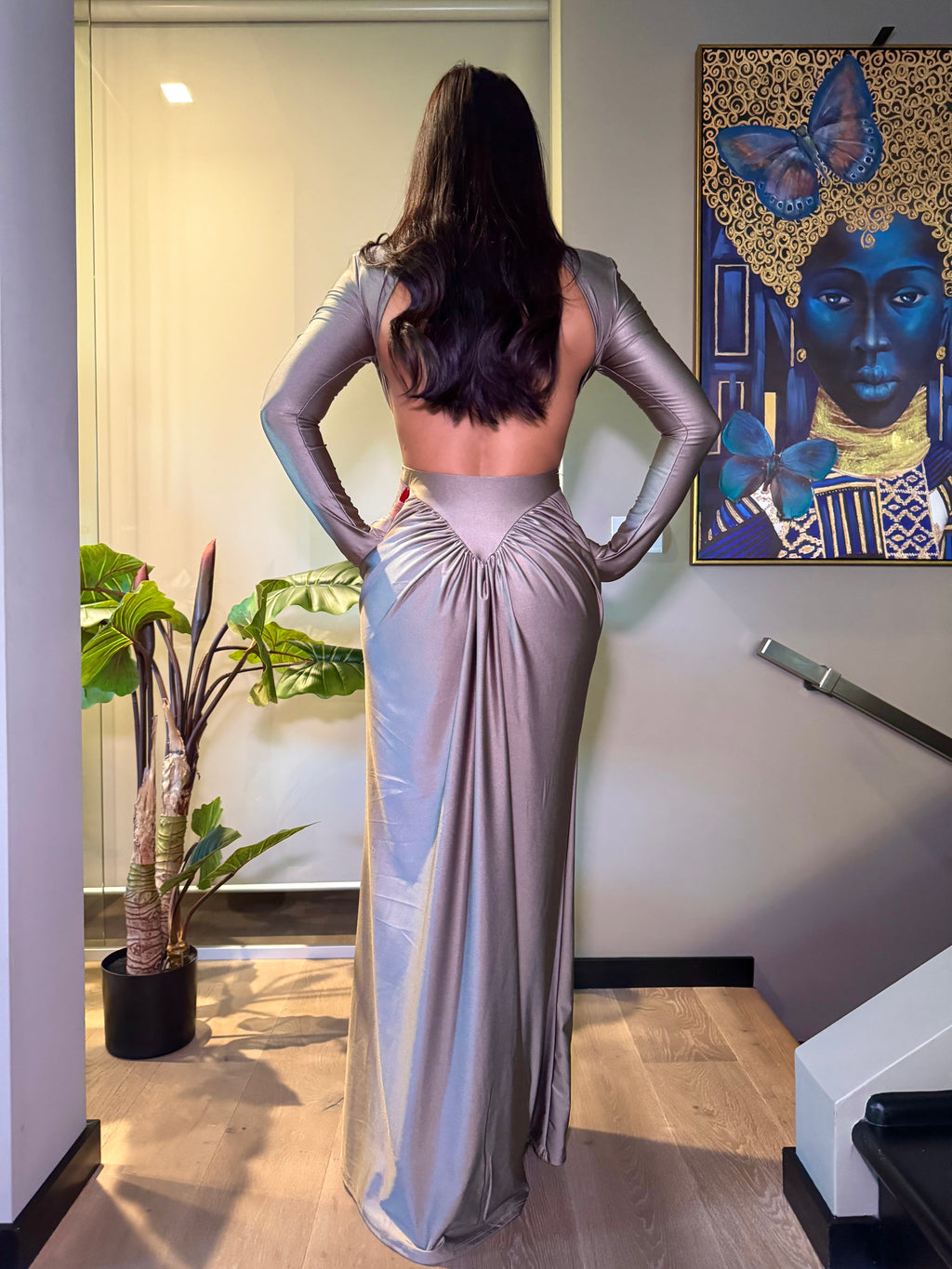 Elegante abito da donna lungo, con pieghe, in raso, linea ad A, schiena scoperta, abito da sera