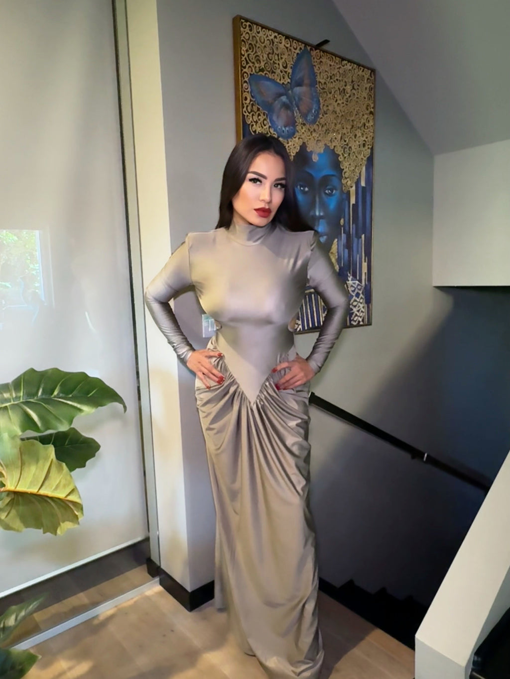 Elegante abito da donna lungo, con pieghe, in raso, linea ad A, schiena scoperta, abito da sera