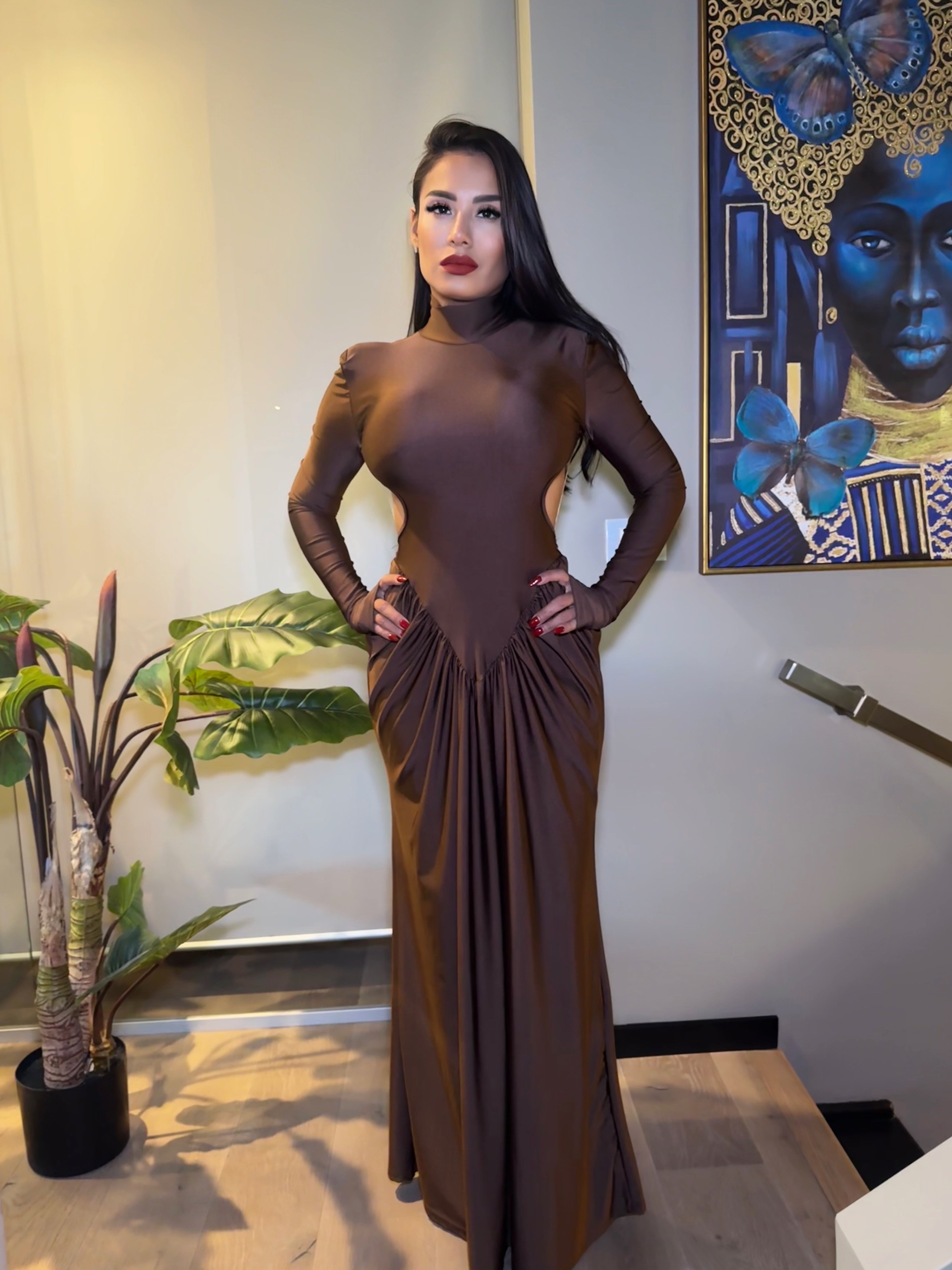 Elegante abito da donna lungo, con pieghe, in raso, linea ad A, schiena scoperta, abito da sera