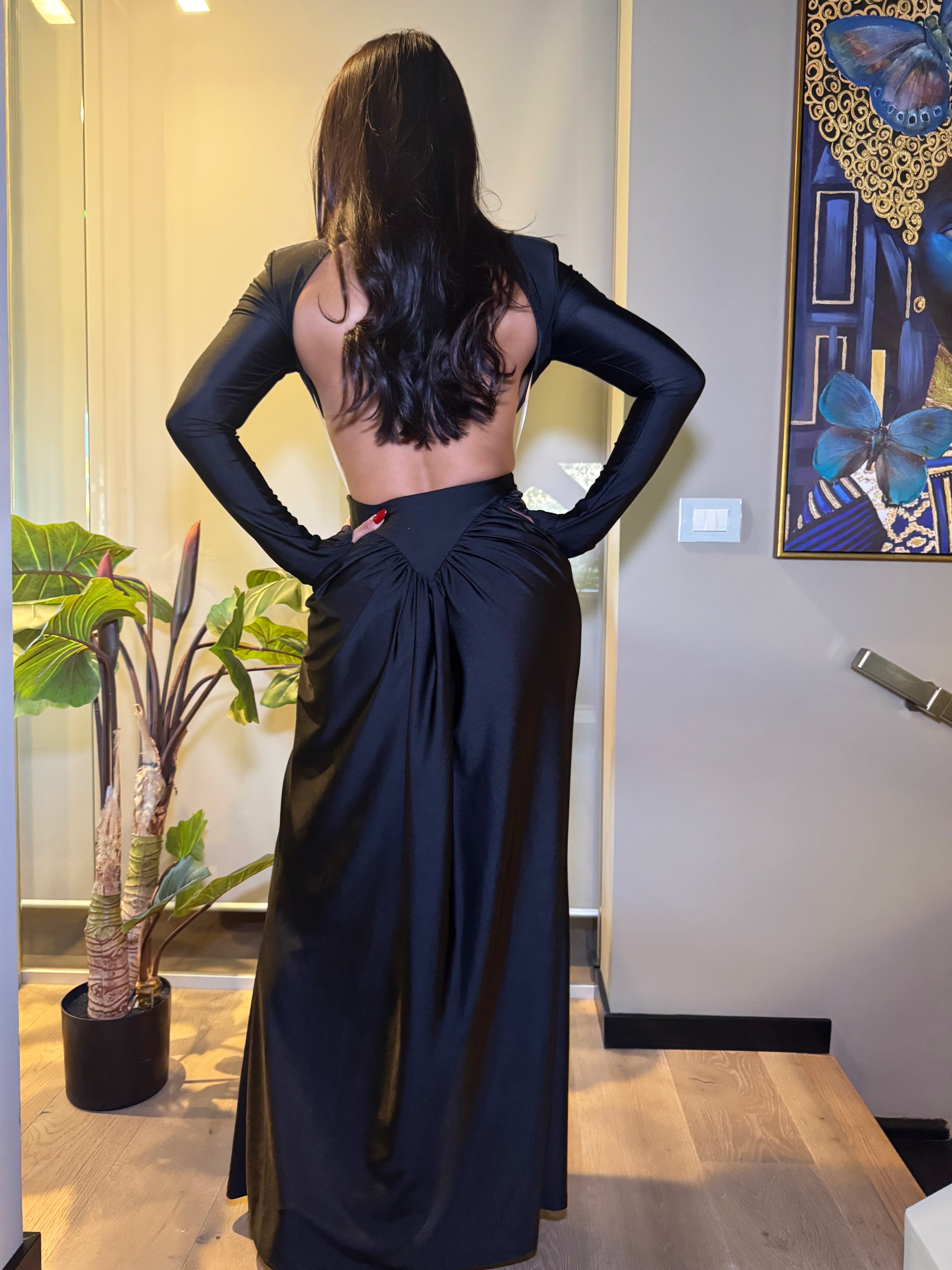 Elegante abito da donna lungo, con pieghe, in raso, linea ad A, schiena scoperta, abito da sera