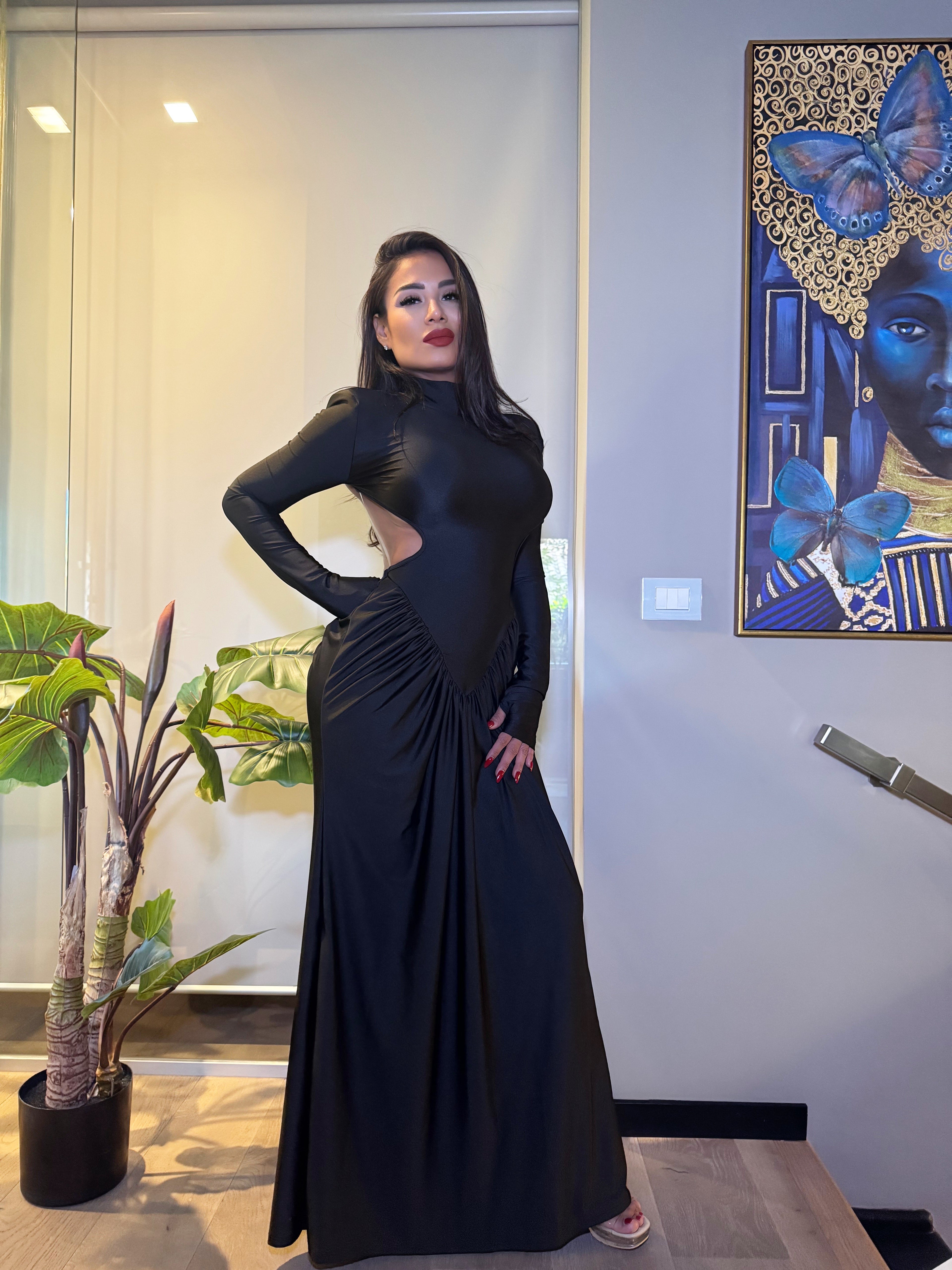 Elegante abito da donna lungo, con pieghe, in raso, linea ad A, schiena scoperta, abito da sera