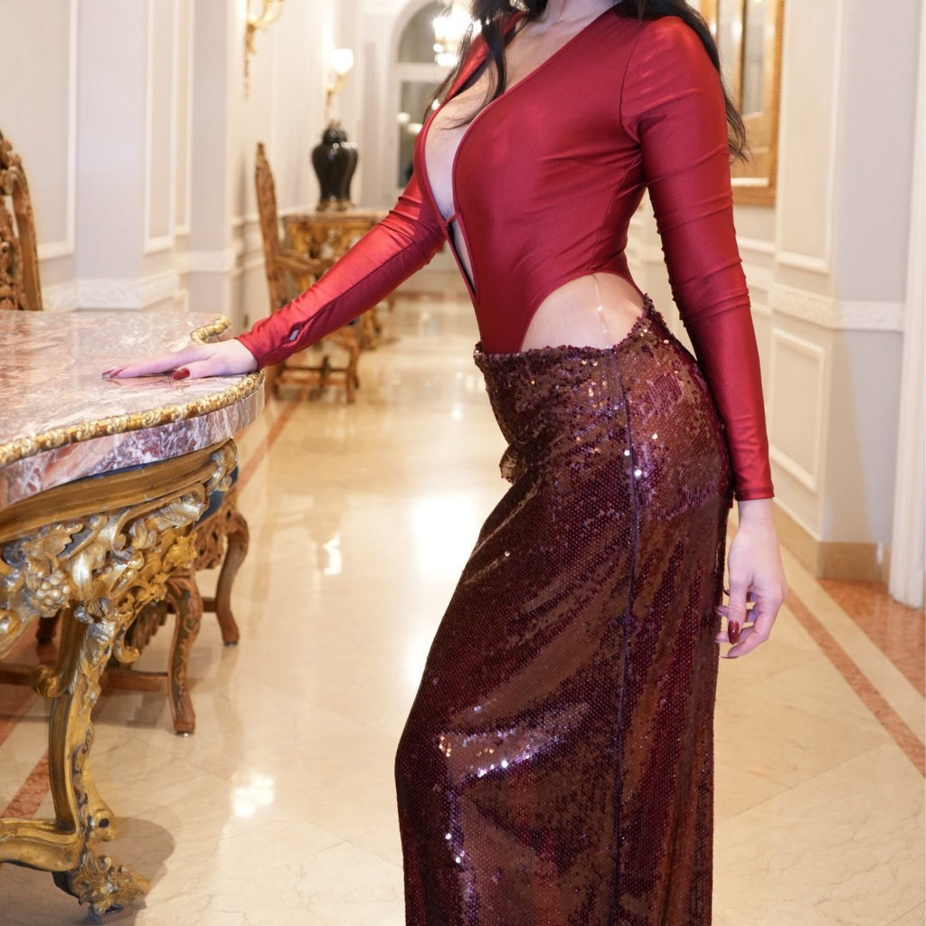 Rosalyn vestito elegante paillettes con body scollato in lycra , abiti in paillettes
