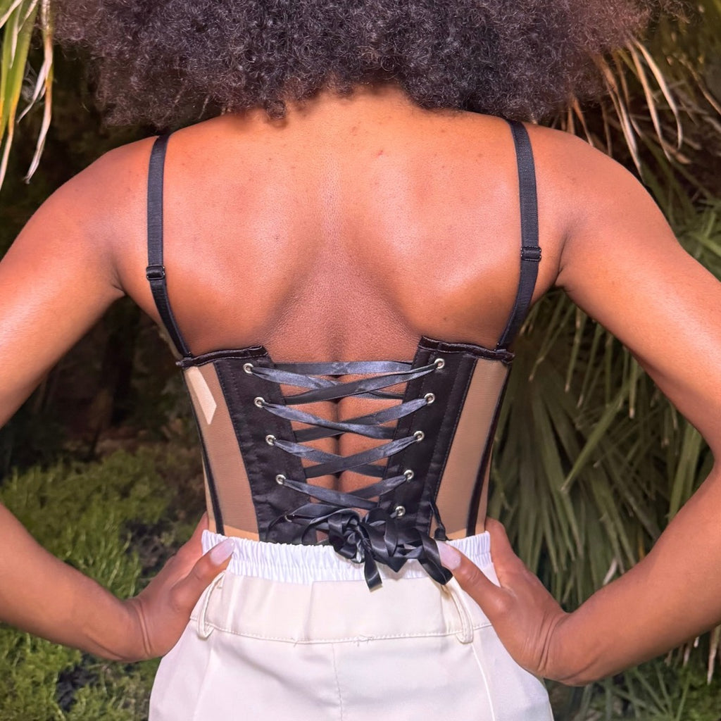 Top corsetto in tessuto trasparente con maglia stringata beige bustier da donna