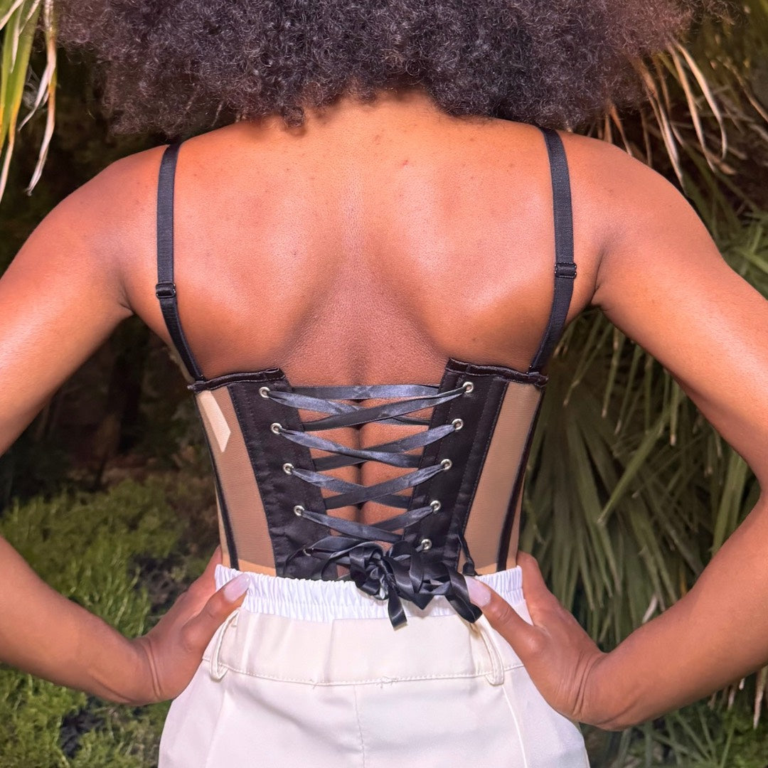 Top corsetto in tessuto trasparente con maglia stringata beige bustier da donna