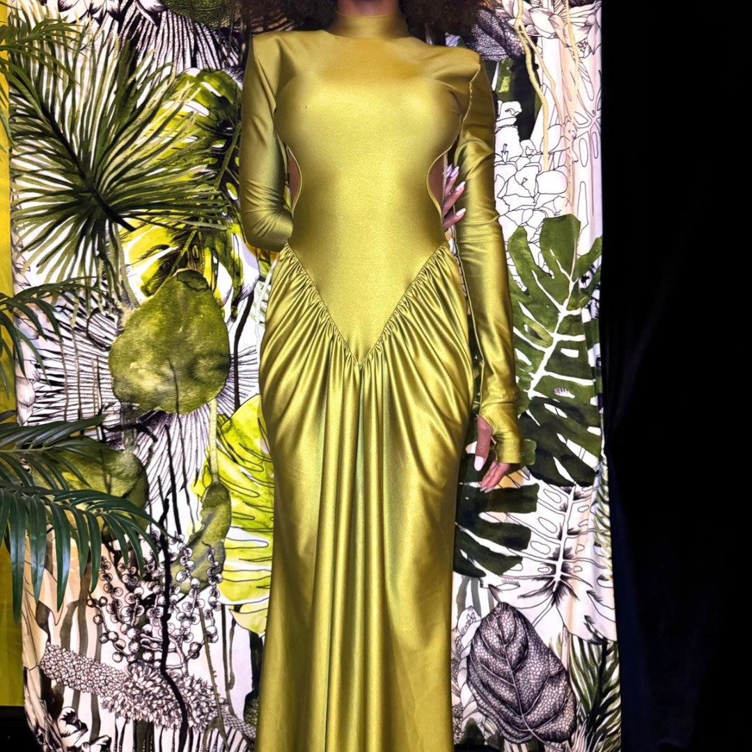 Elegante abito da donna lungo, con pieghe, in raso, linea ad A, schiena scoperta, abito da sera